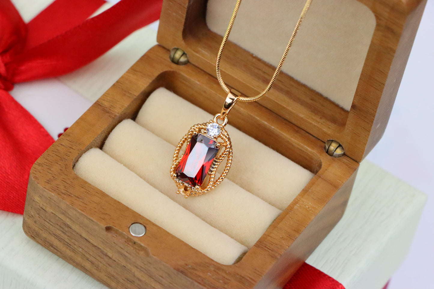 Elegant Red Rectangle Pendant with Gold Rope Frame & White Accent, XPPT1679 (2164-3)