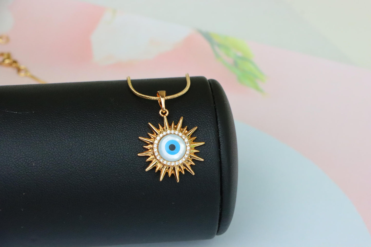 Rose Gold Sunburst Evil Eye Pendant with CZ for Protection & Style, XPPT1532 (2142-5)