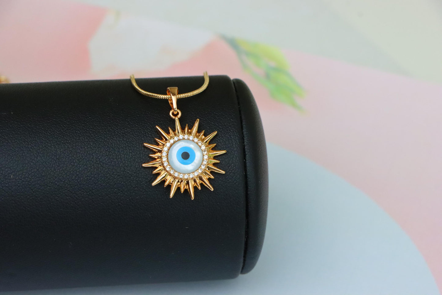 Rose Gold Sunburst Evil Eye Pendant with CZ for Protection & Style, XPPT1532 (2142-5)
