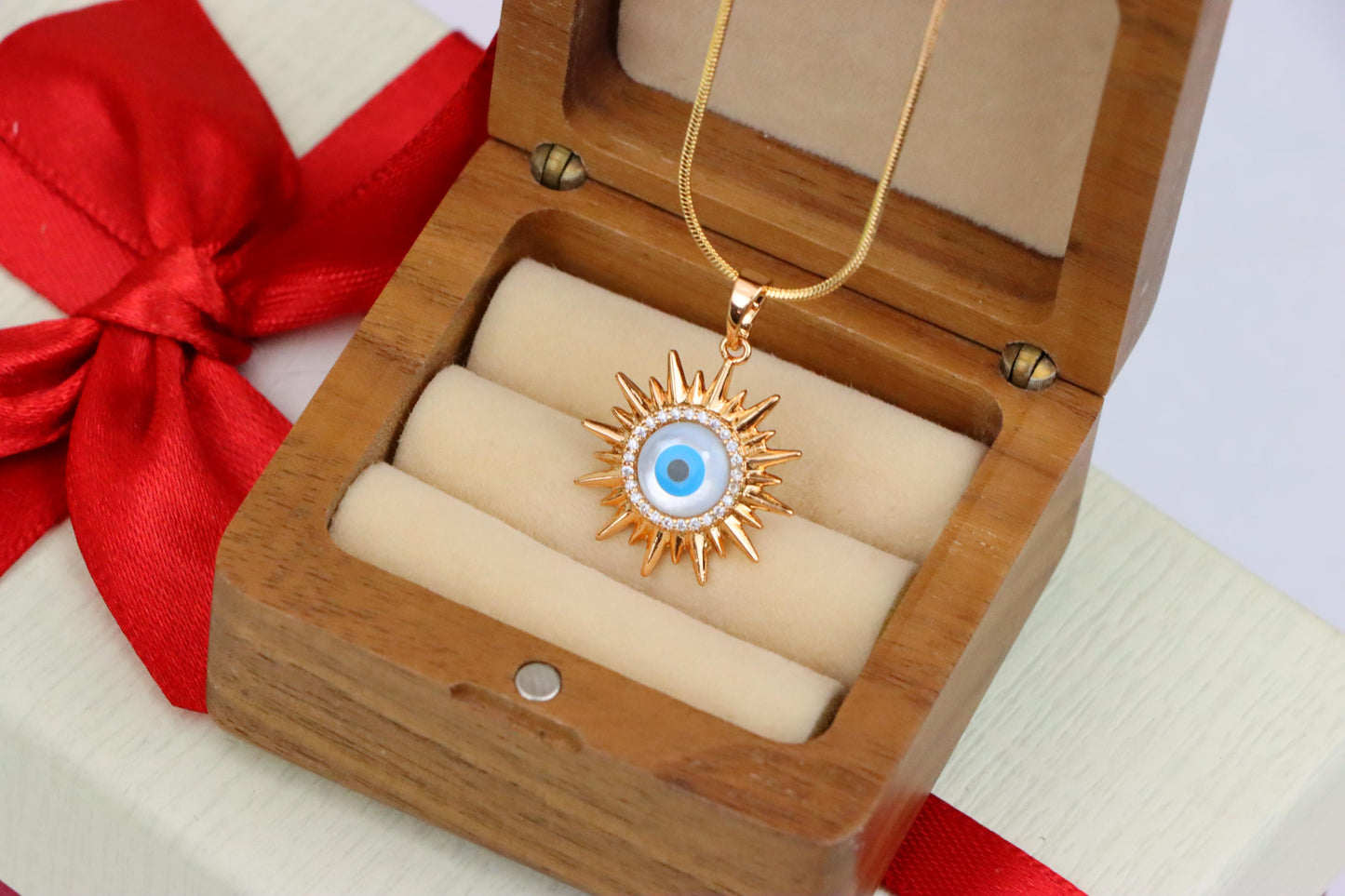 Rose Gold Sunburst Evil Eye Pendant with CZ for Protection & Style, XPPT1532 (2142-5)