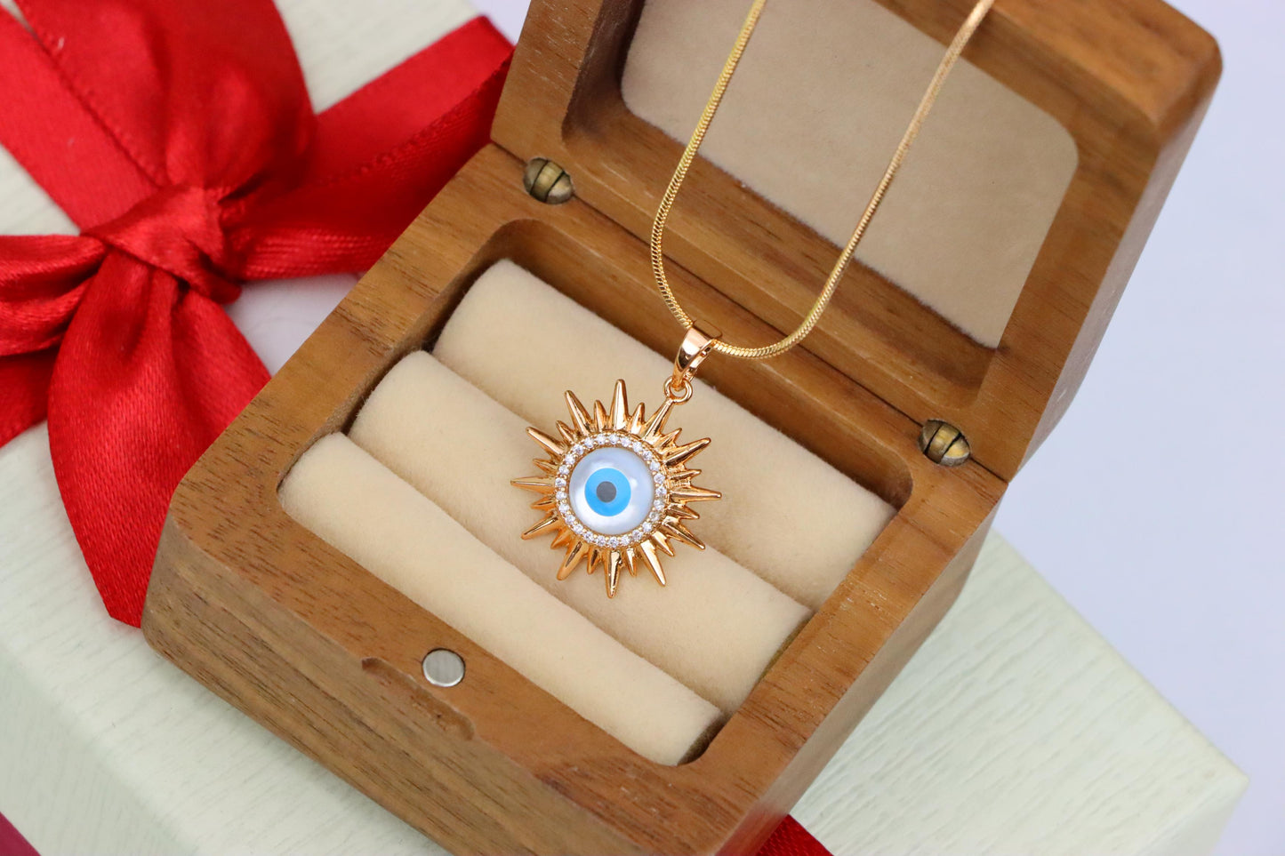 Rose Gold Sunburst Evil Eye Pendant with CZ for Protection & Style, XPPT1532 (2142-5)