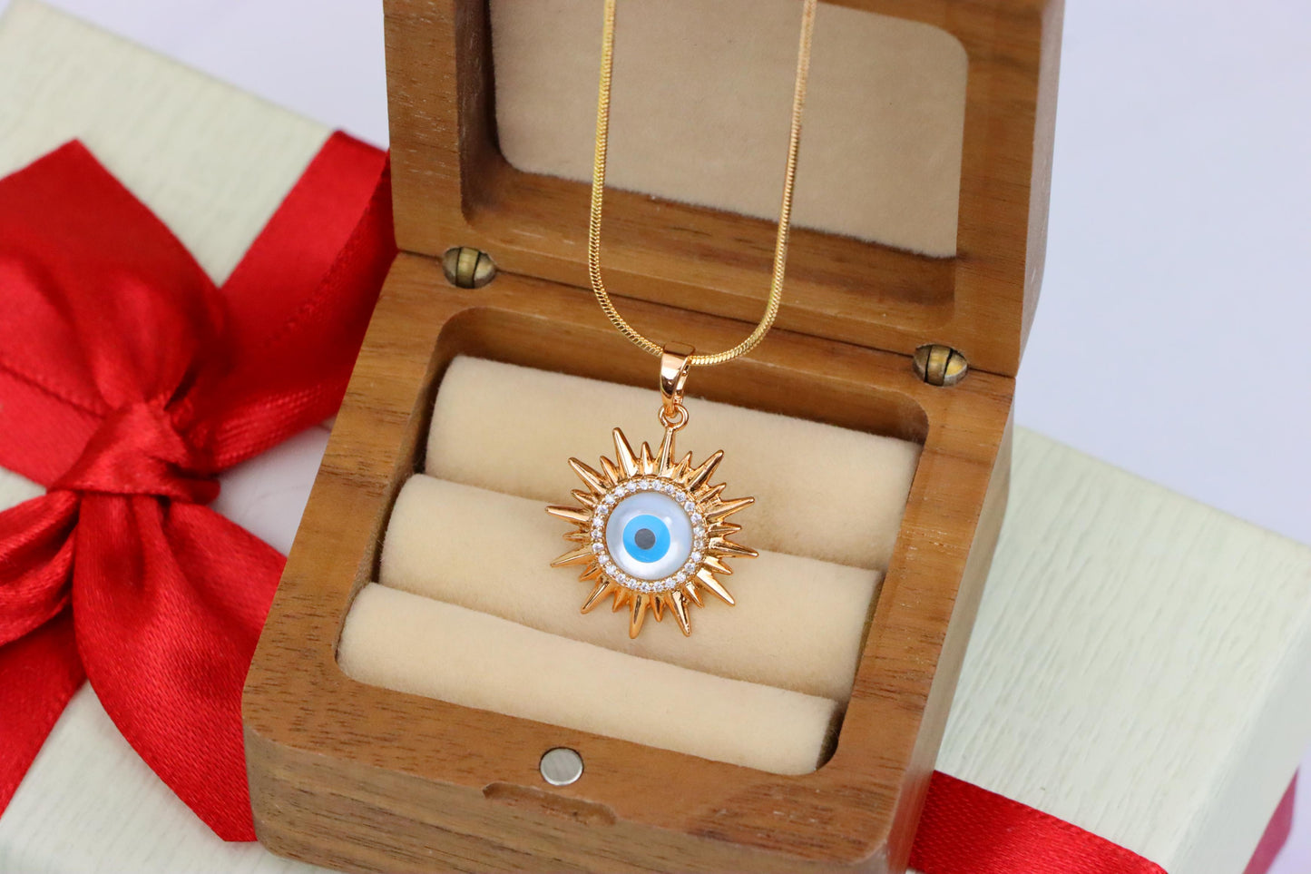 Rose Gold Sunburst Evil Eye Pendant with CZ for Protection & Style, XPPT1532 (2142-5)