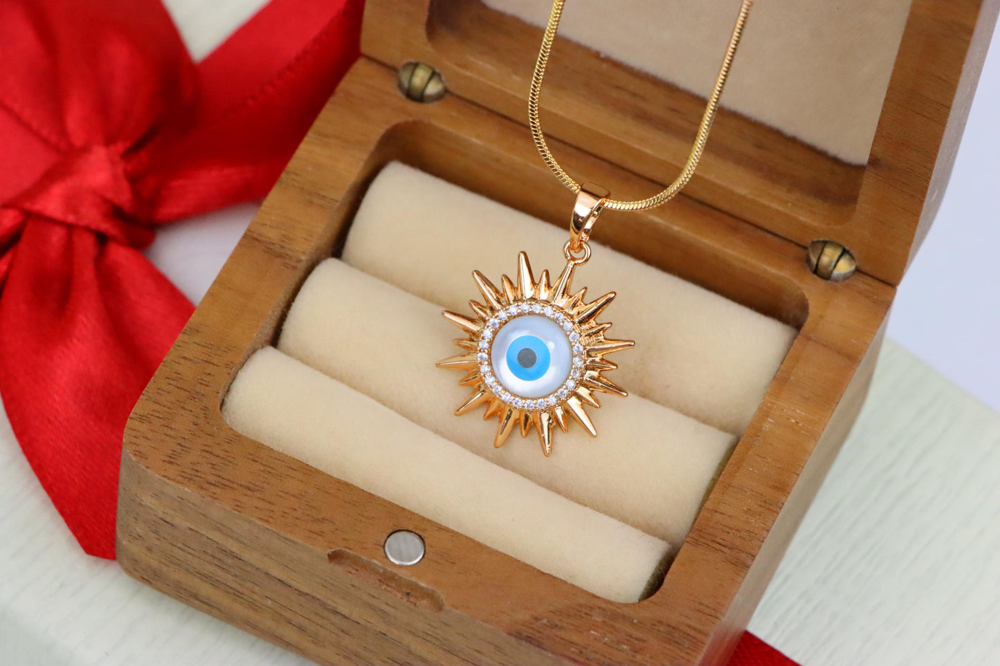 Rose Gold Sunburst Evil Eye Pendant with CZ for Protection & Style, XPPT1532 (2142-5)