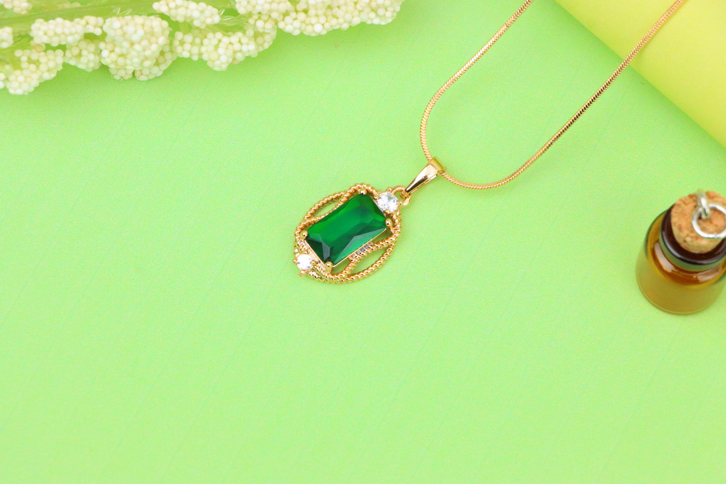 Green Oval Pendant with Gold Plated Brass and Crystal Accents, XPPT1680 (2164-3)