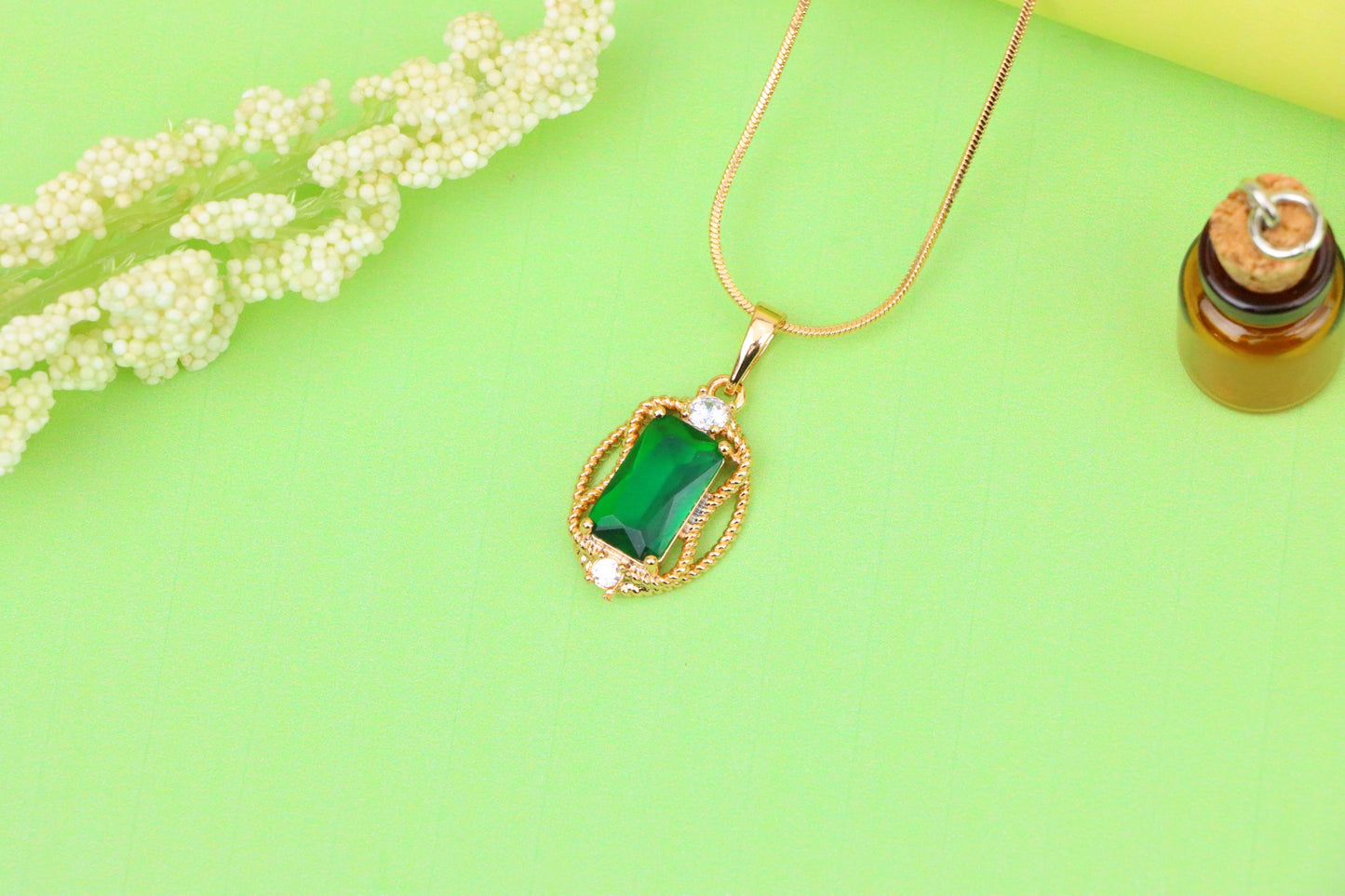 Green Oval Pendant with Gold Plated Brass and Crystal Accents, XPPT1680 (2164-3)