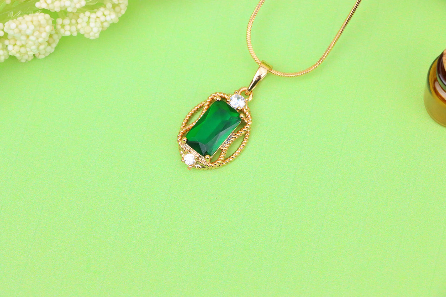 Green Oval Pendant with Gold Plated Brass and Crystal Accents, XPPT1680 (2164-3)
