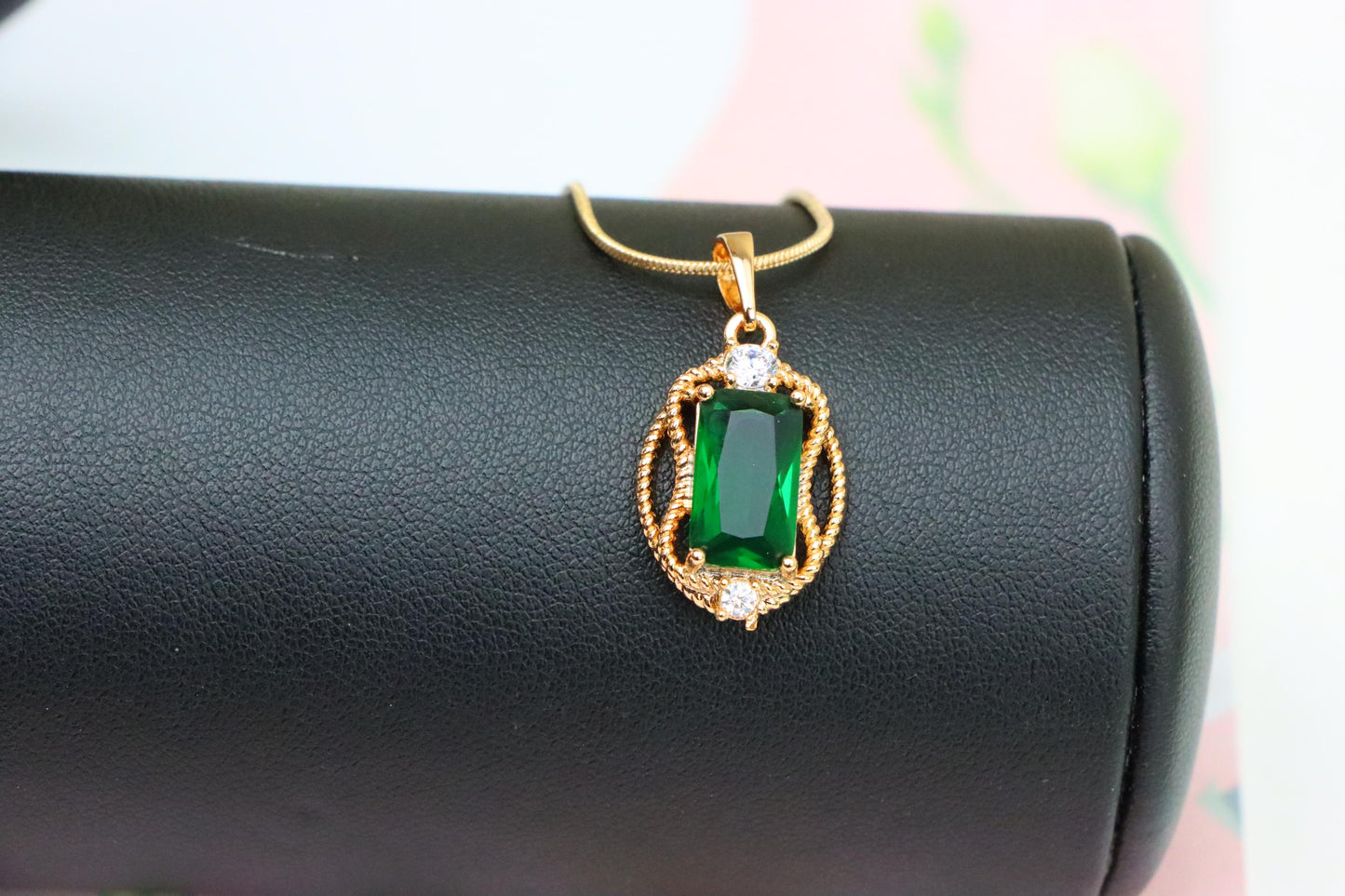 Green Oval Pendant with Gold Plated Brass and Crystal Accents, XPPT1680 (2164-3)