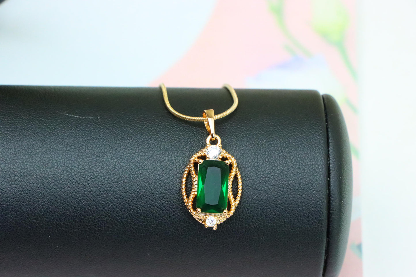 Green Oval Pendant with Gold Plated Brass and Crystal Accents, XPPT1680 (2164-3)