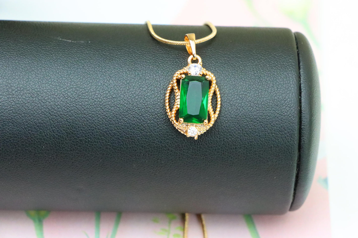 Green Oval Pendant with Gold Plated Brass and Crystal Accents, XPPT1680 (2164-3)