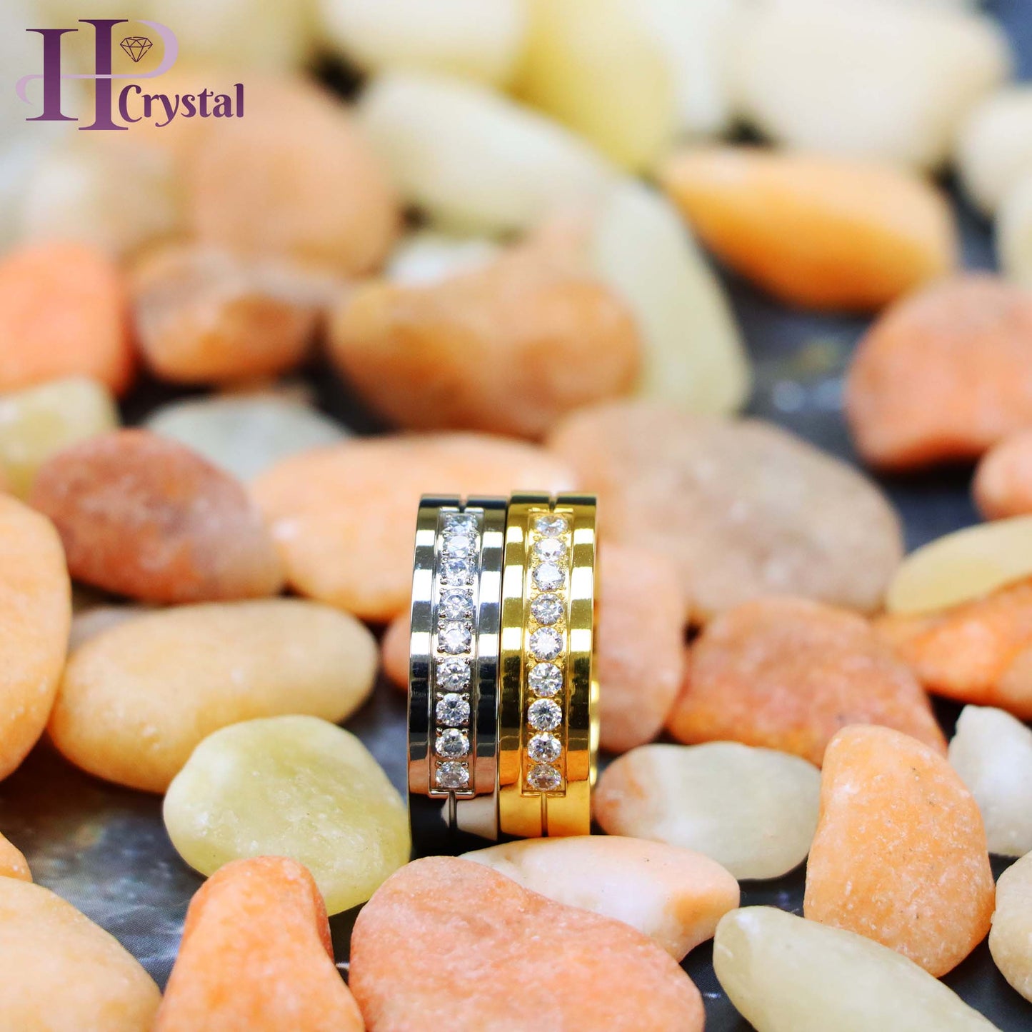 Yellow Gold Titanium Ring – 9 White CZ Stones, Elegant & Durable