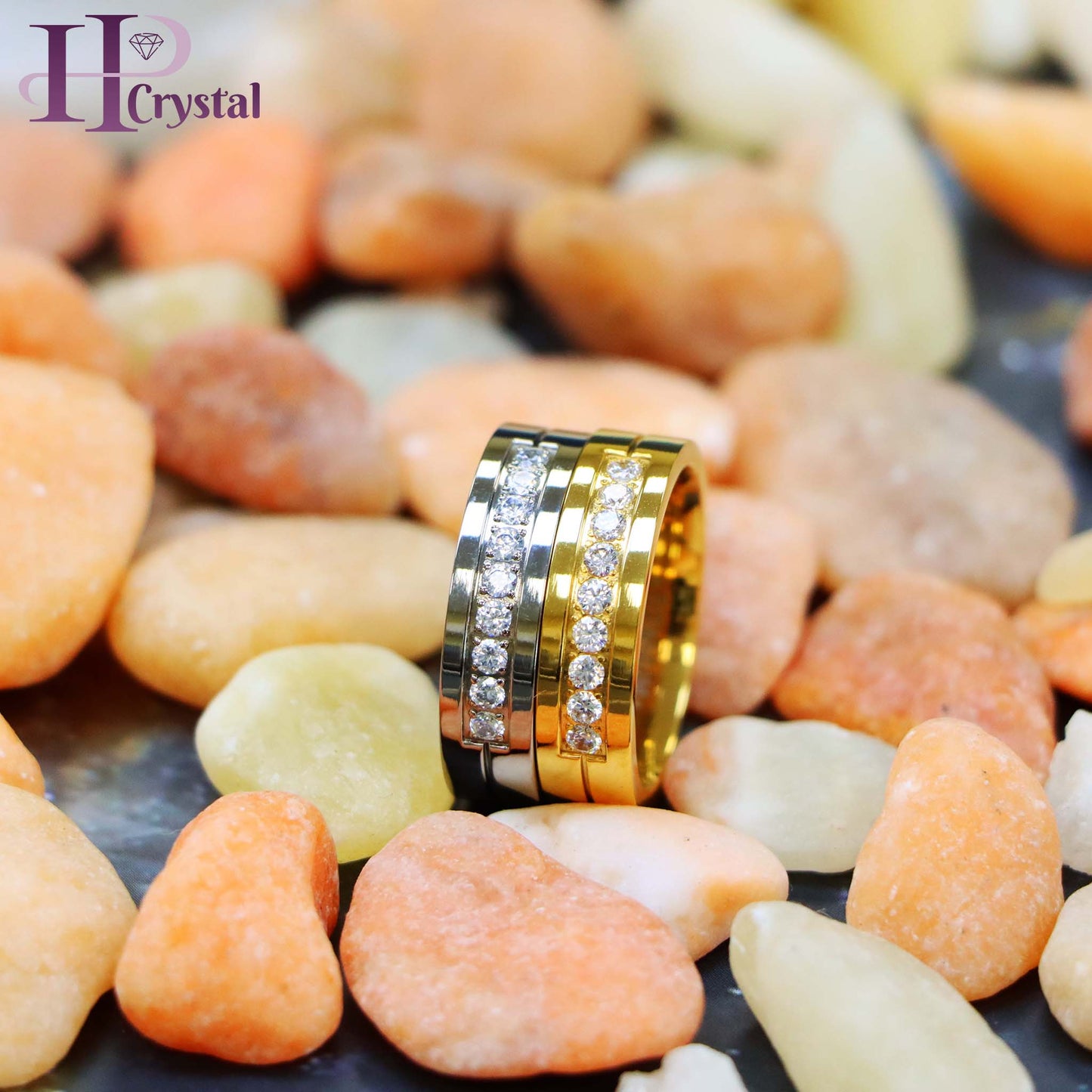 Yellow Gold Titanium Ring – 9 White CZ Stones, Elegant & Durable