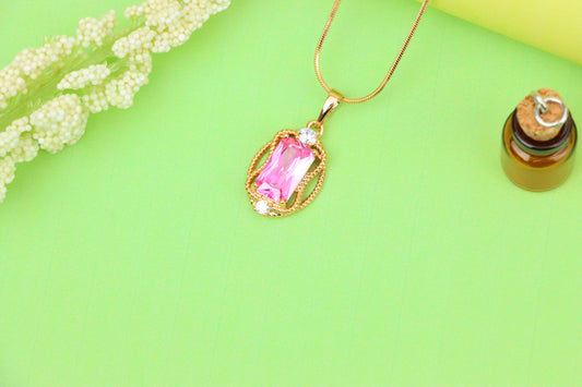 Pink Rectangle Pendant with Gold Plated Brass and Crystal Accents, XPPT1681 (2164-3)