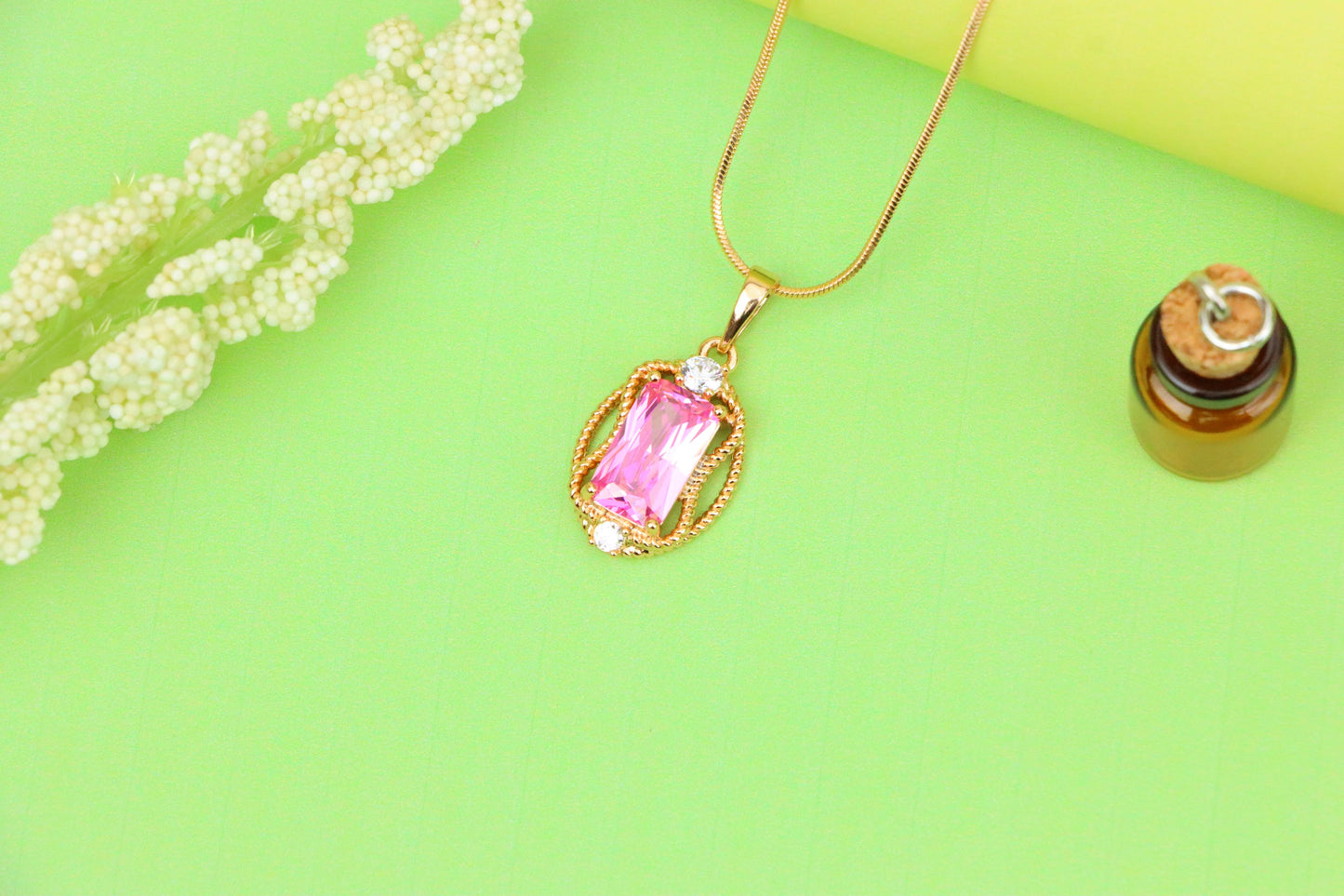 Pink Rectangle Pendant with Gold Plated Brass and Crystal Accents, XPPT1681 (2164-3)