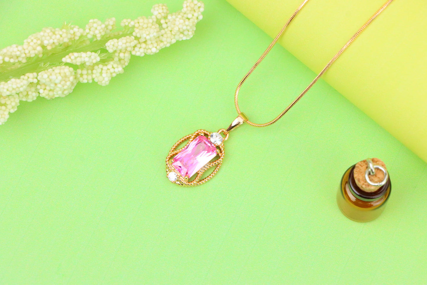 Pink Rectangle Pendant with Gold Plated Brass and Crystal Accents, XPPT1681 (2164-3)