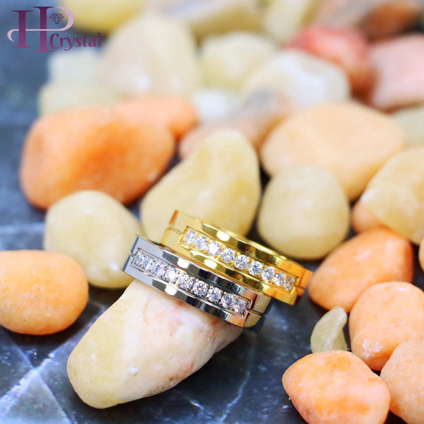 Yellow Gold Titanium Ring – 9 White CZ Stones, Elegant & Durable