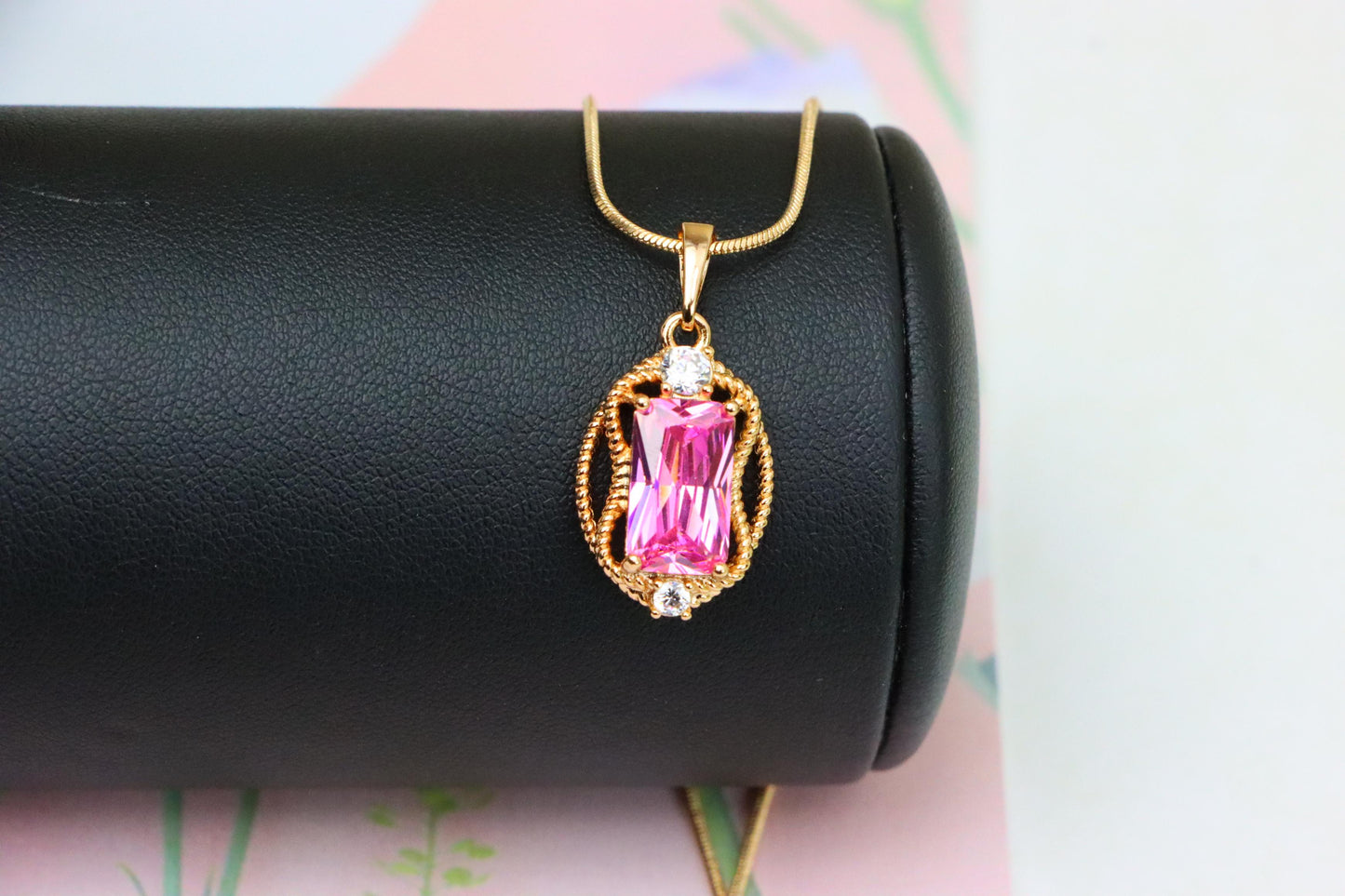 Pink Rectangle Pendant with Gold Plated Brass and Crystal Accents, XPPT1681 (2164-3)