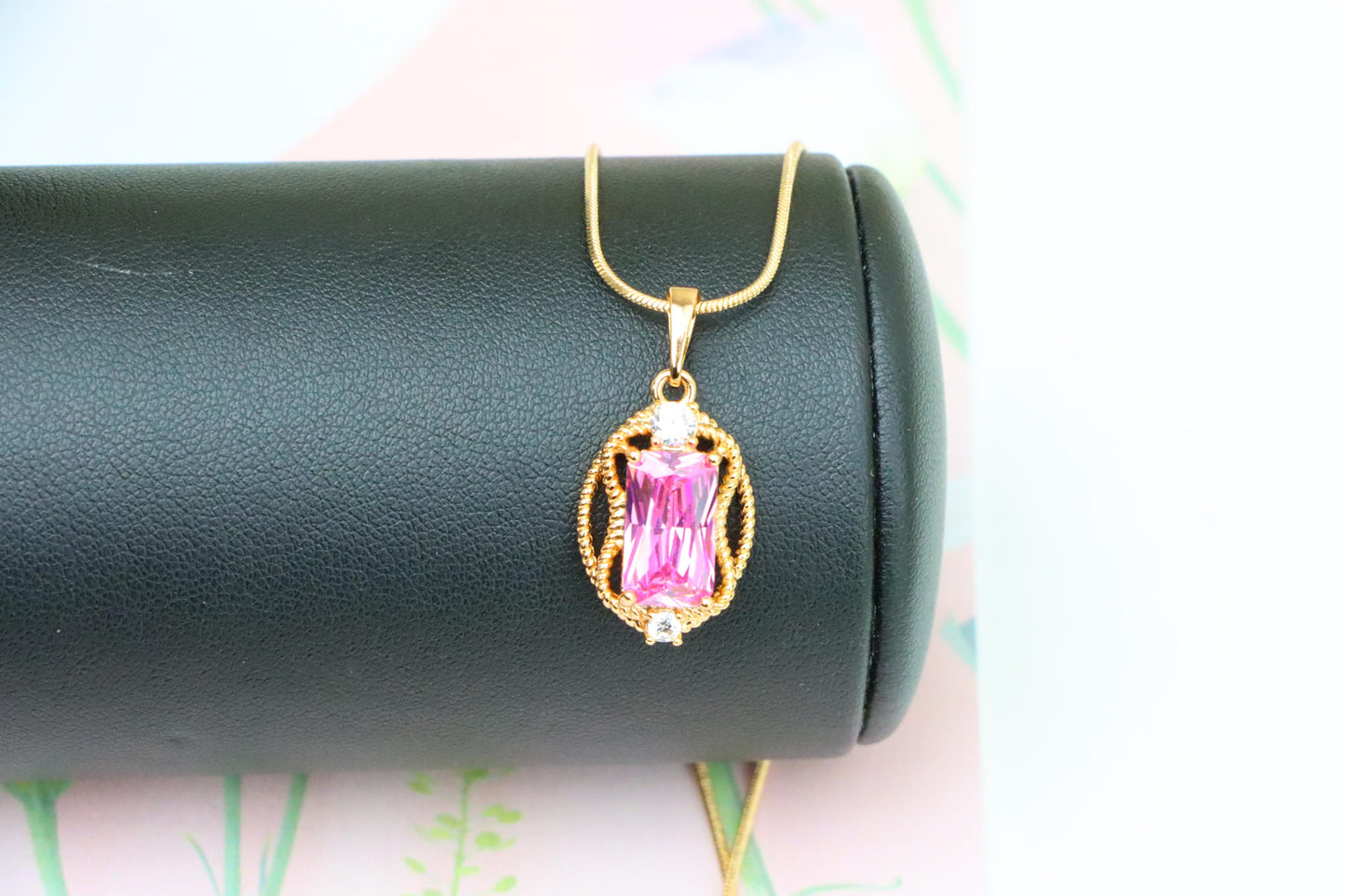 Pink Rectangle Pendant with Gold Plated Brass and Crystal Accents, XPPT1681 (2164-3)