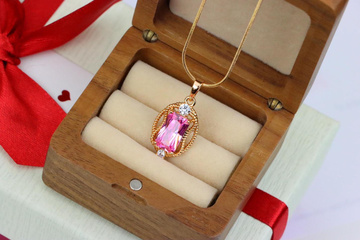 Pink Rectangle Pendant with Gold Plated Brass and Crystal Accents, XPPT1681 (2164-3)