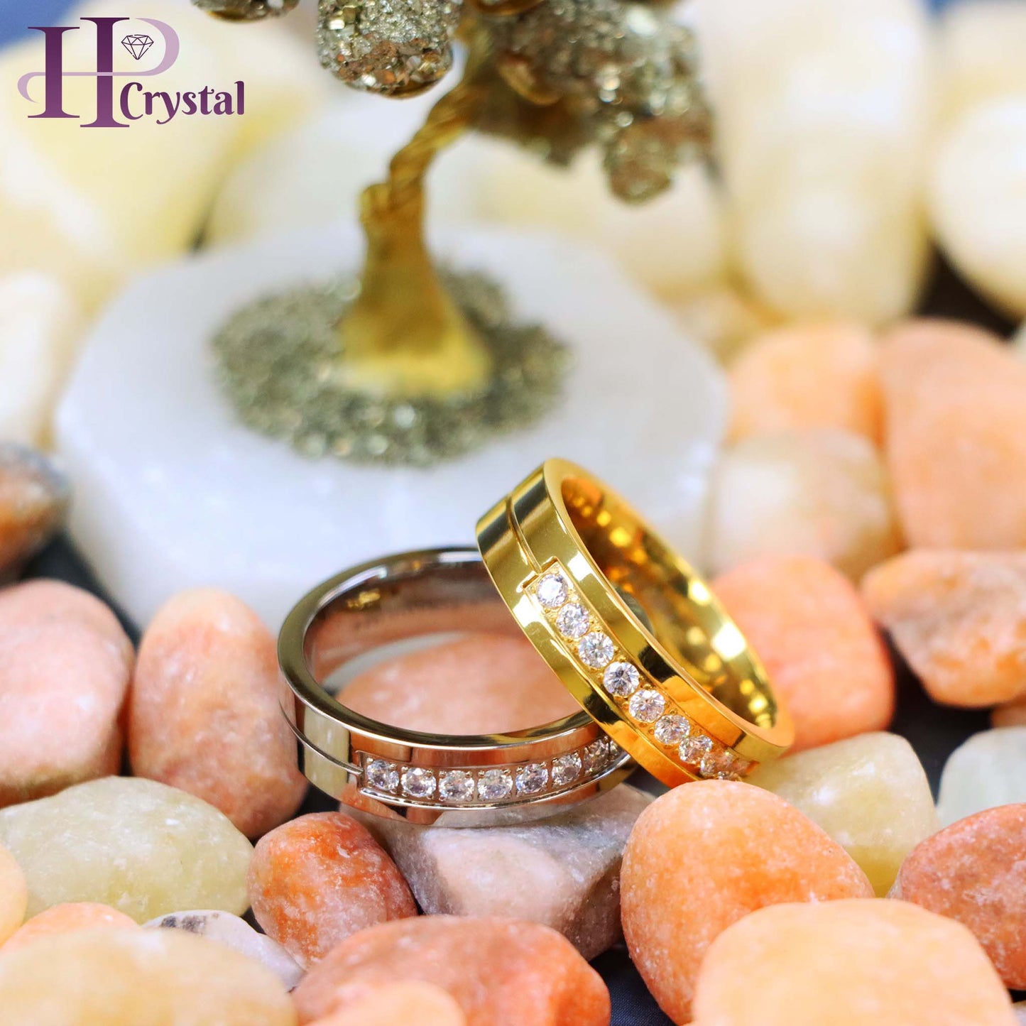 Yellow Gold Titanium Ring – 9 White CZ Stones, Elegant & Durable