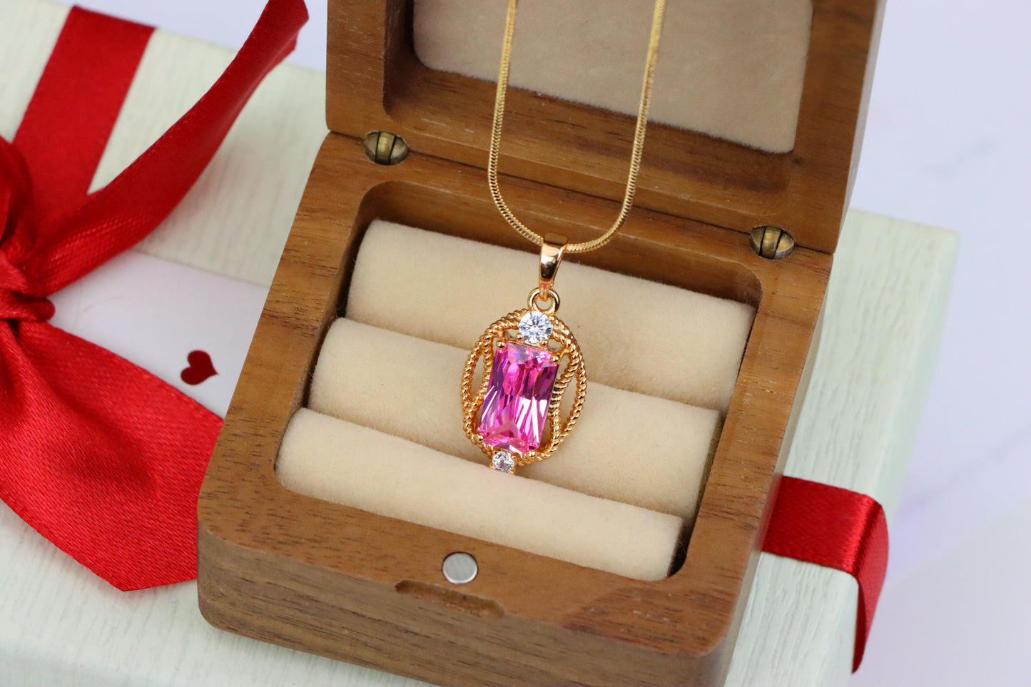 Pink Rectangle Pendant with Gold Plated Brass and Crystal Accents, XPPT1681 (2164-3)