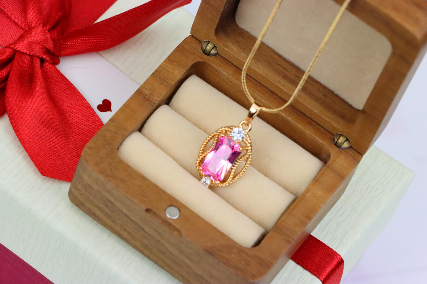 Pink Rectangle Pendant with Gold Plated Brass and Crystal Accents, XPPT1681 (2164-3)