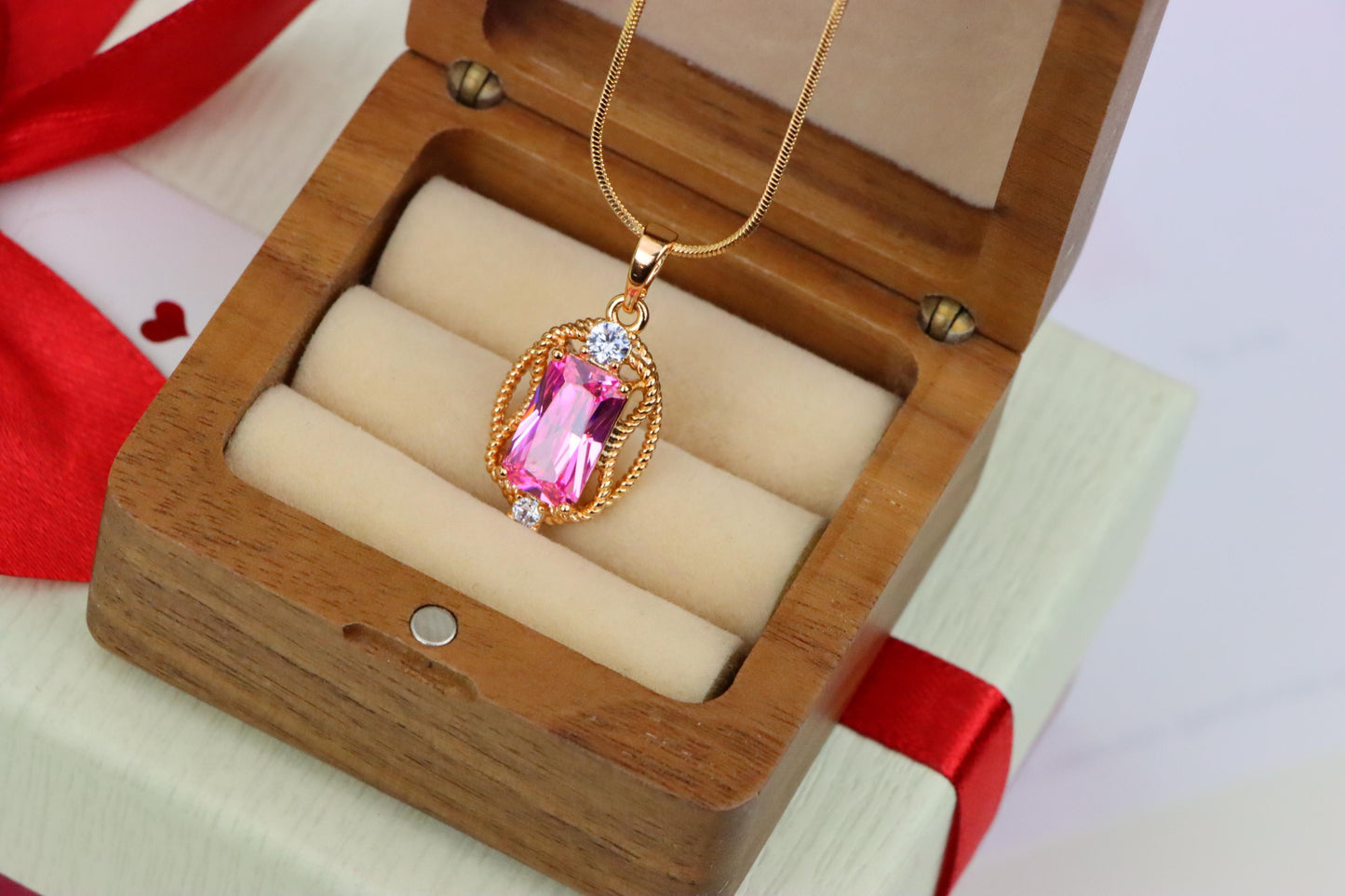 Pink Rectangle Pendant with Gold Plated Brass and Crystal Accents, XPPT1681 (2164-3)