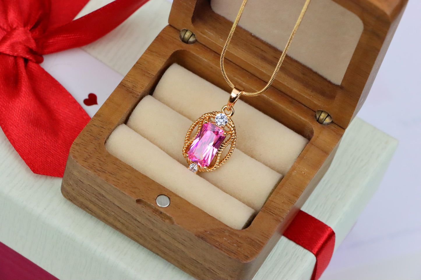 Pink Rectangle Pendant with Gold Plated Brass and Crystal Accents, XPPT1681 (2164-3)