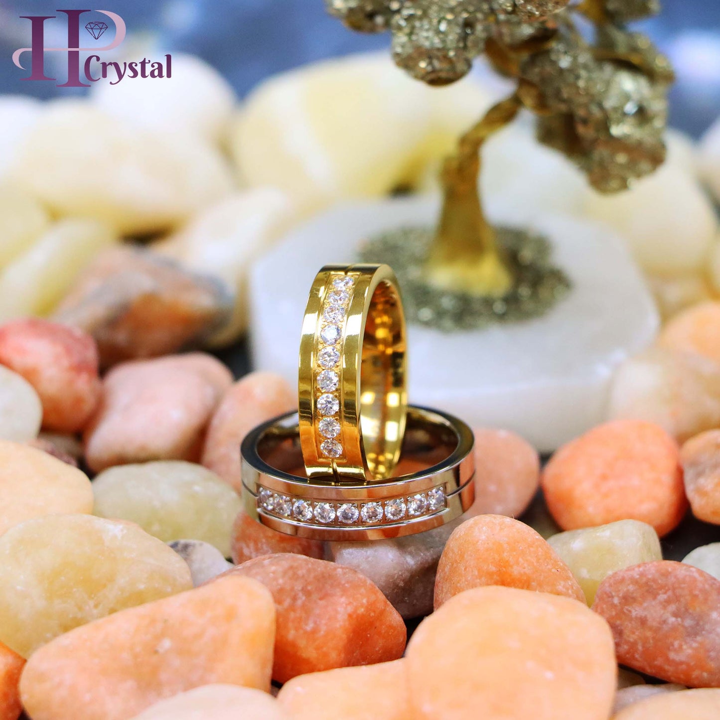 Yellow Gold Titanium Ring – 9 White CZ Stones, Elegant & Durable