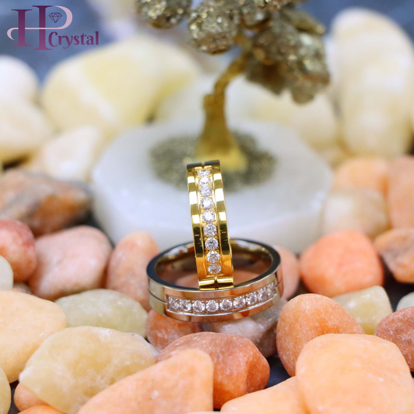 Yellow Gold Titanium Ring – 9 White CZ Stones, Elegant & Durable