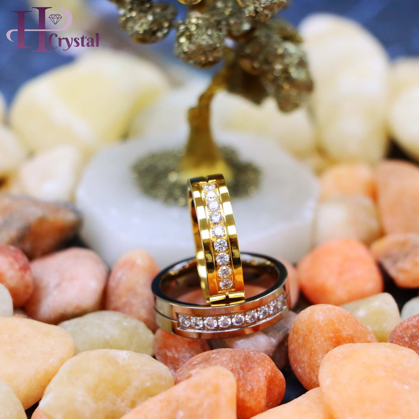 Yellow Gold Titanium Ring – 9 White CZ Stones, Elegant & Durable