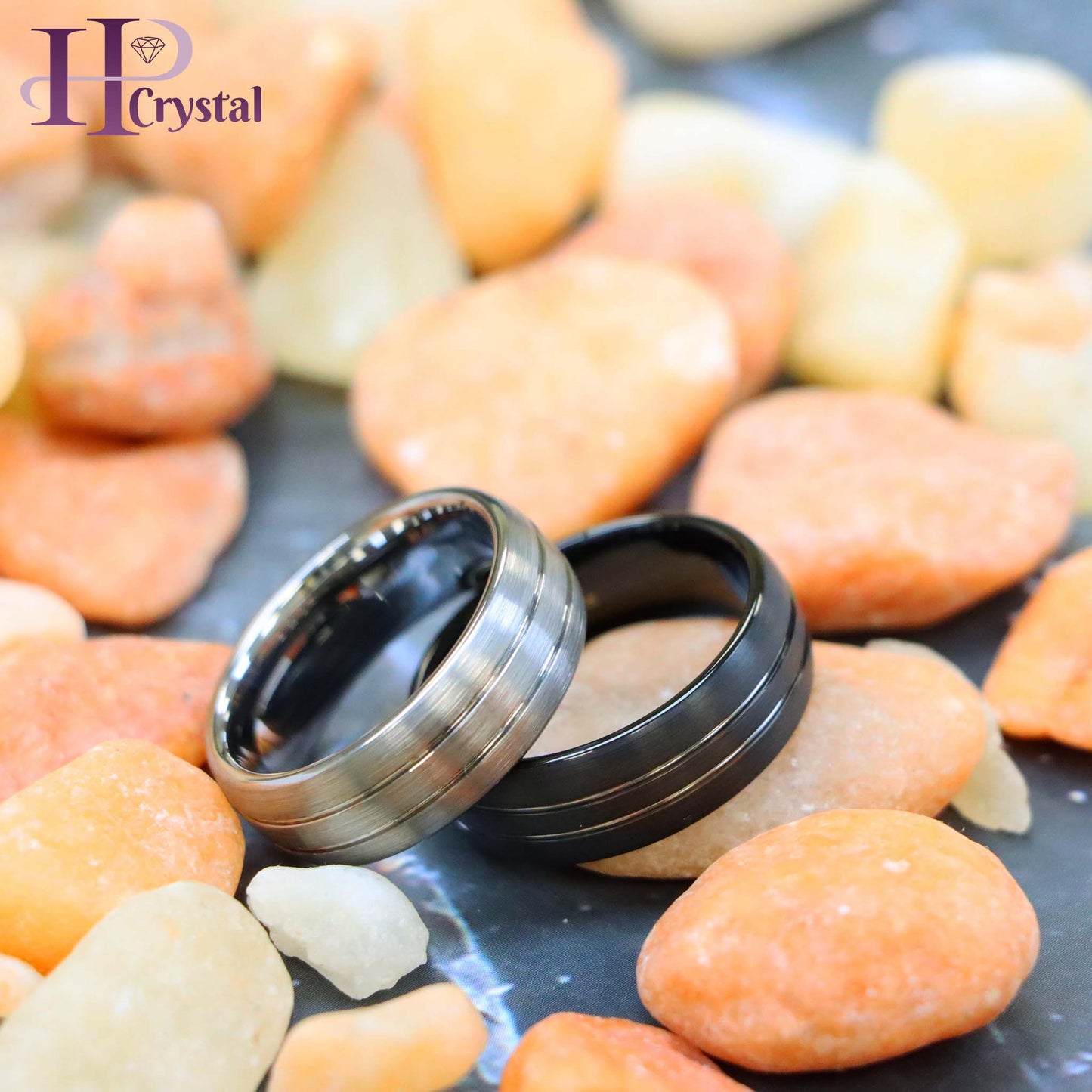 Domed Silver / Black IP Plated Double Striped Center Tungsten Ring