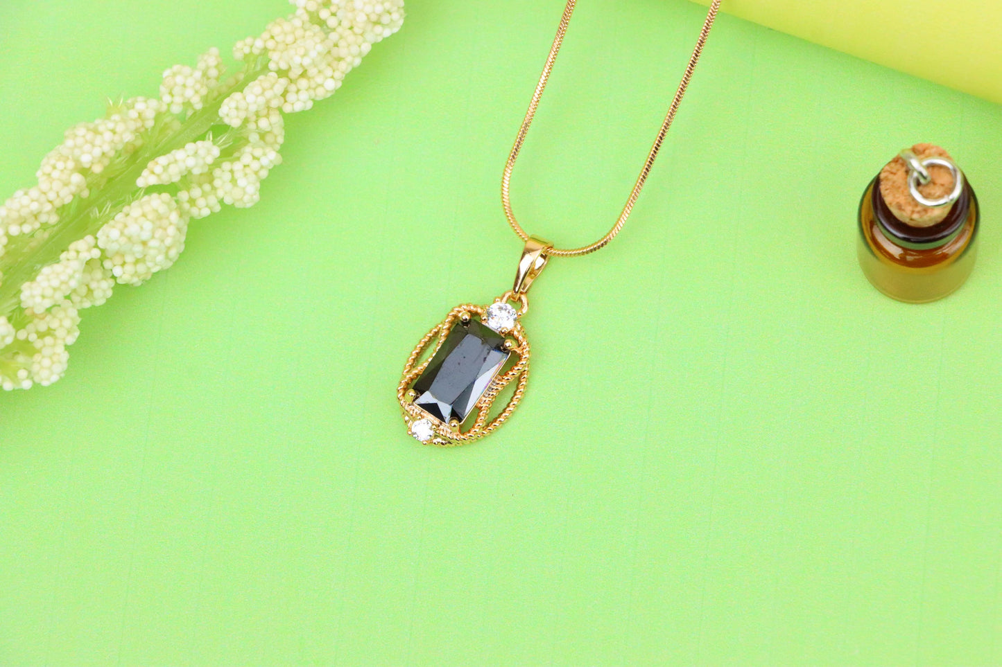Black Rectangle Pendant with Gold Plated Brass & Crystal Accents, XPPT1682 (2164-3)