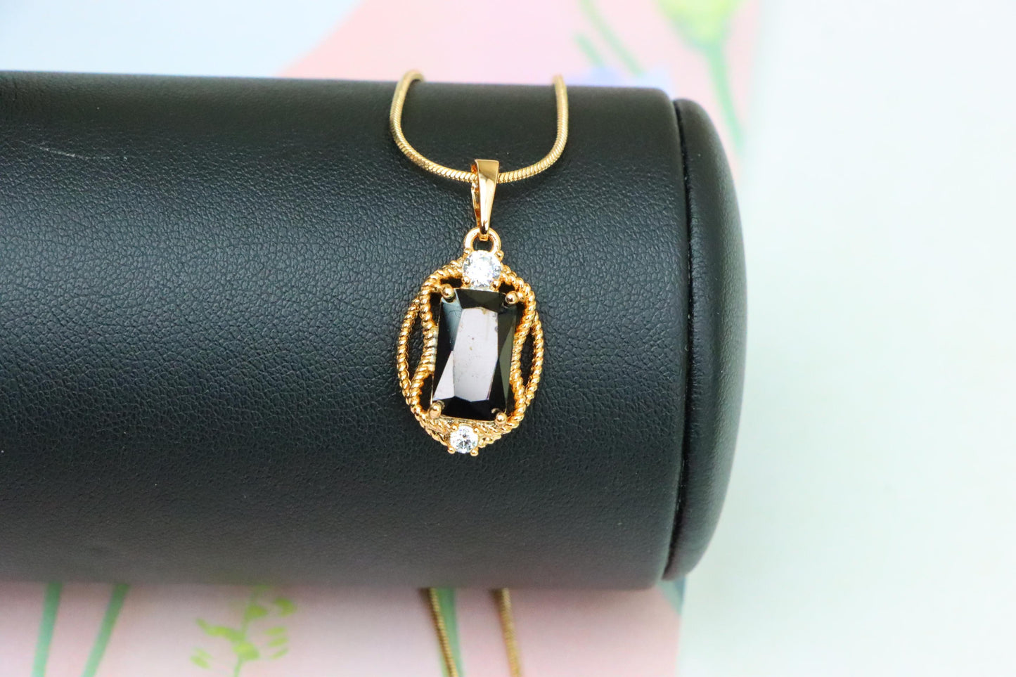 Black Rectangle Pendant with Gold Plated Brass & Crystal Accents, XPPT1682 (2164-3)