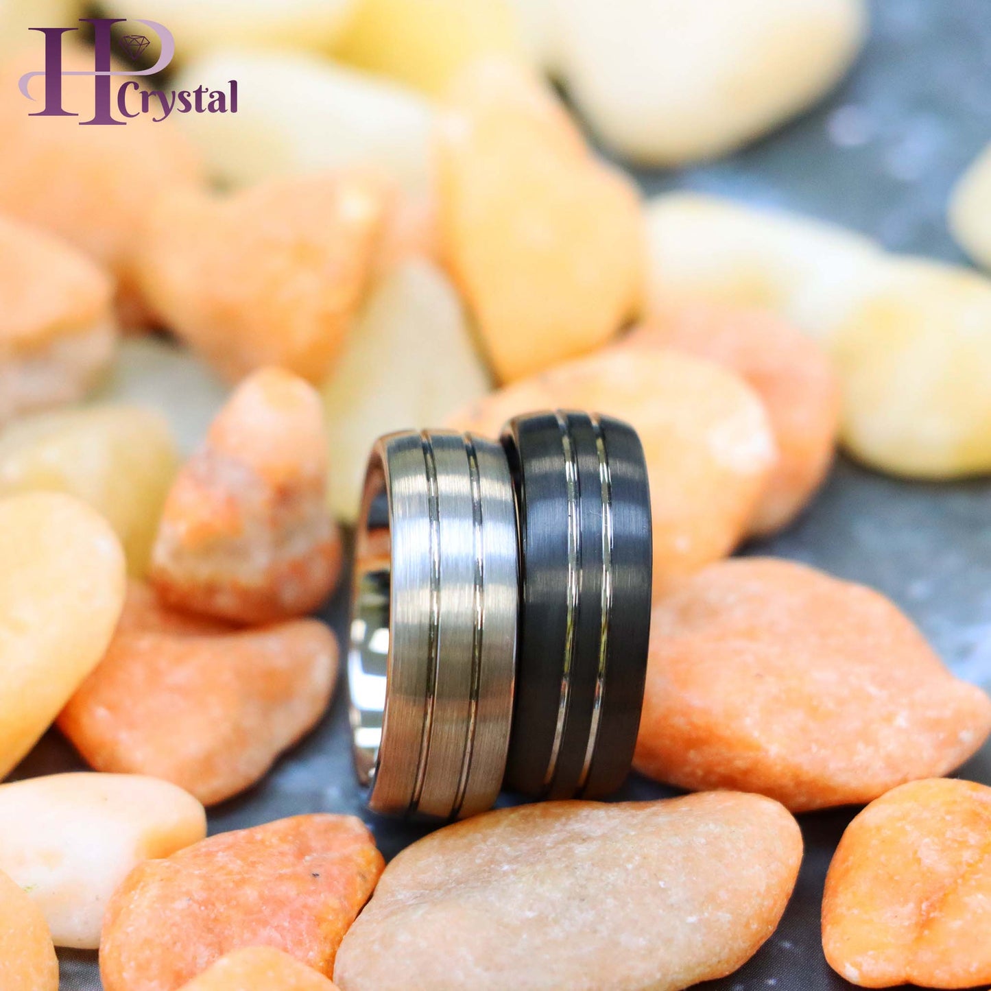 Domed Silver / Black IP Plated Double Striped Center Tungsten Ring