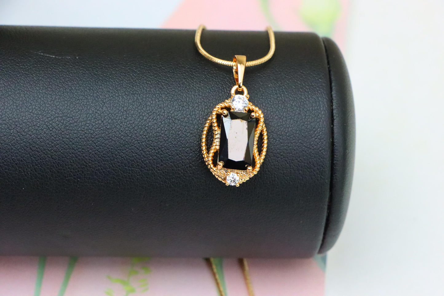 Black Rectangle Pendant with Gold Plated Brass & Crystal Accents, XPPT1682 (2164-3)