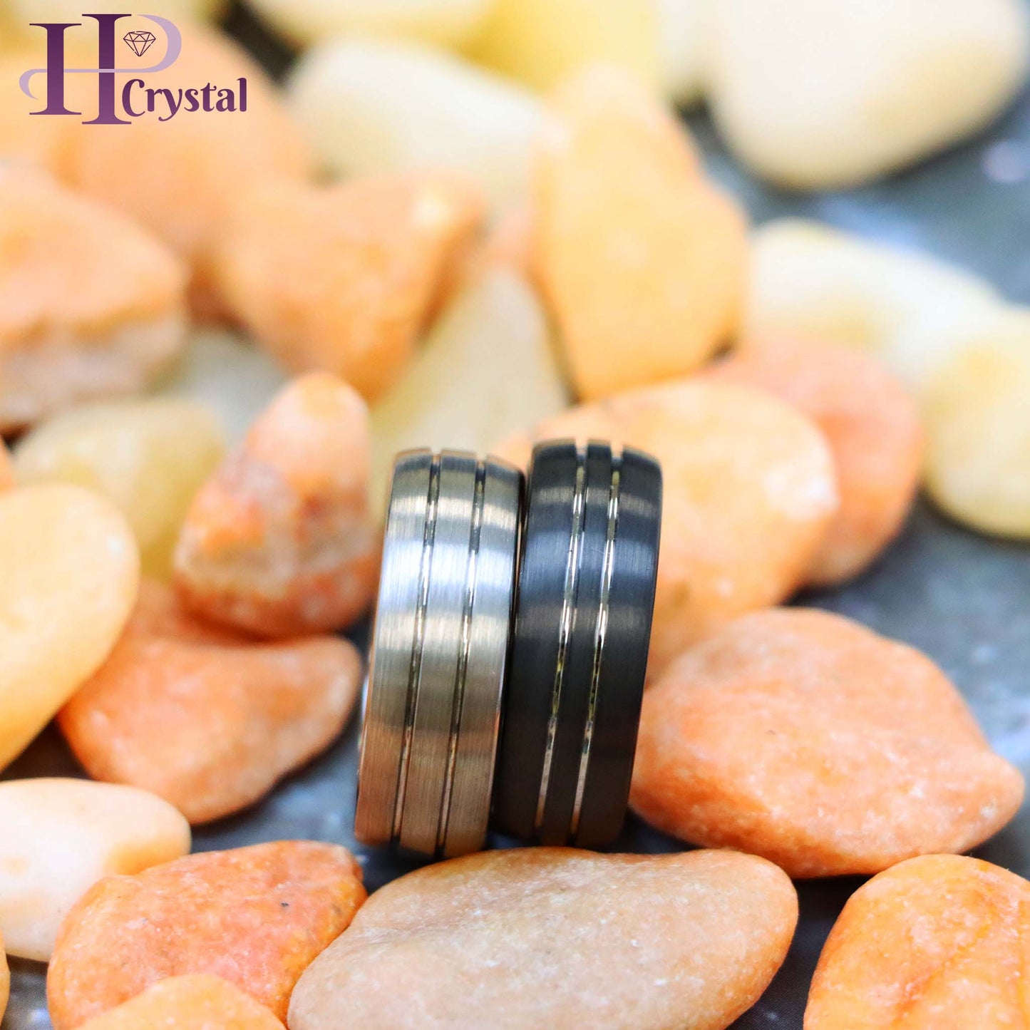Domed Silver / Black IP Plated Double Striped Center Tungsten Ring