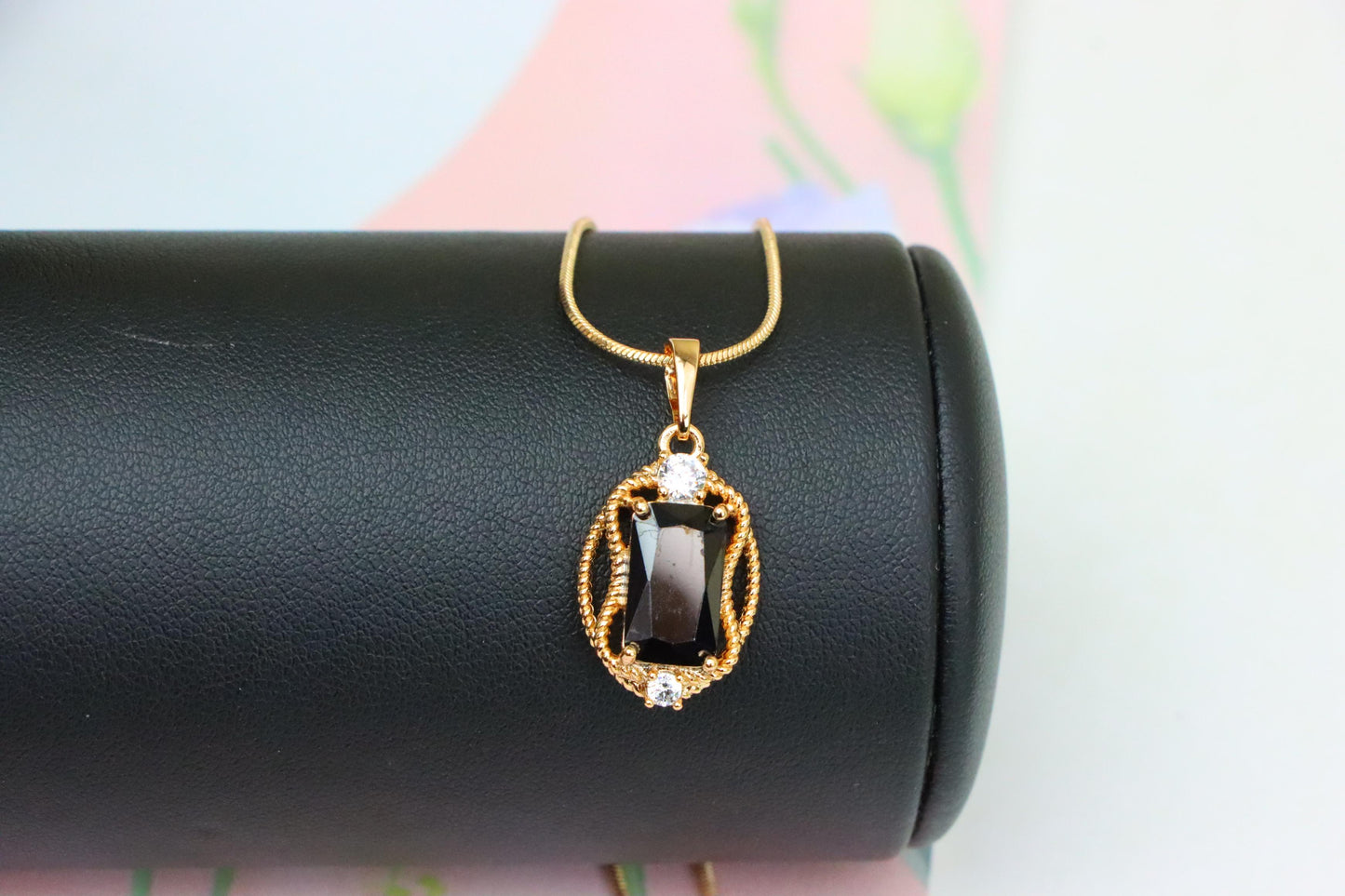 Black Rectangle Pendant with Gold Plated Brass & Crystal Accents, XPPT1682 (2164-3)