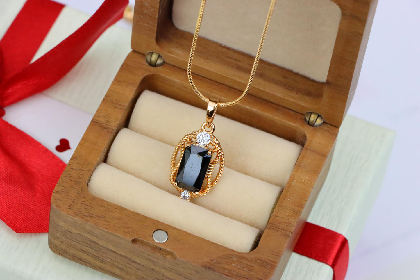 Black Rectangle Pendant with Gold Plated Brass & Crystal Accents, XPPT1682 (2164-3)