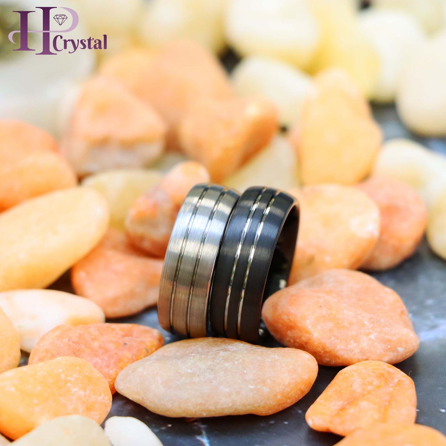 Domed Silver / Black IP Plated Double Striped Center Tungsten Ring