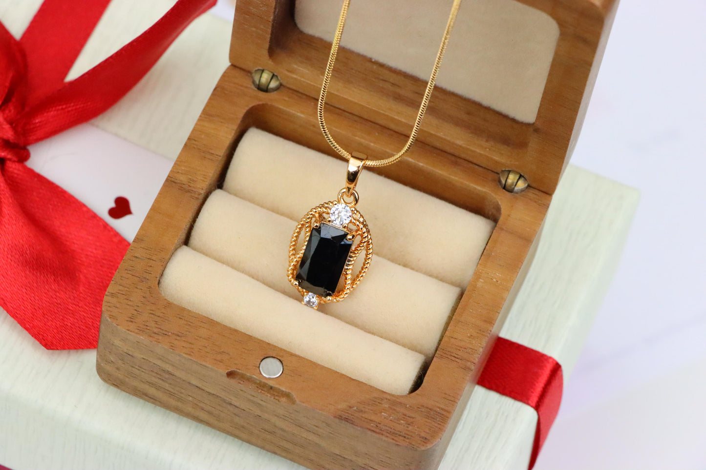 Black Rectangle Pendant with Gold Plated Brass & Crystal Accents, XPPT1682 (2164-3)