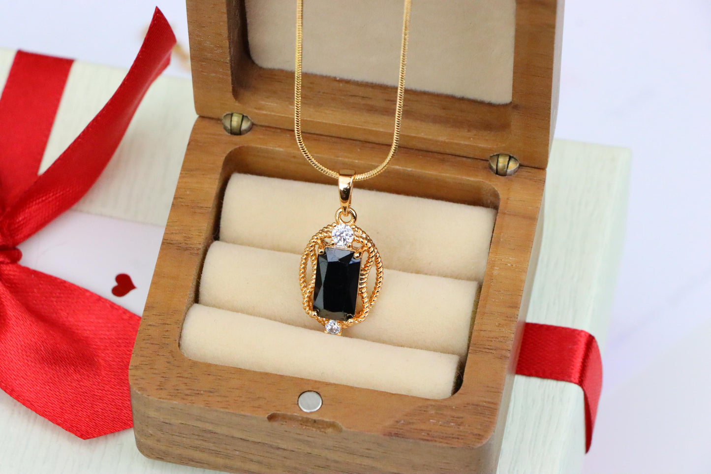Black Rectangle Pendant with Gold Plated Brass & Crystal Accents, XPPT1682 (2164-3)