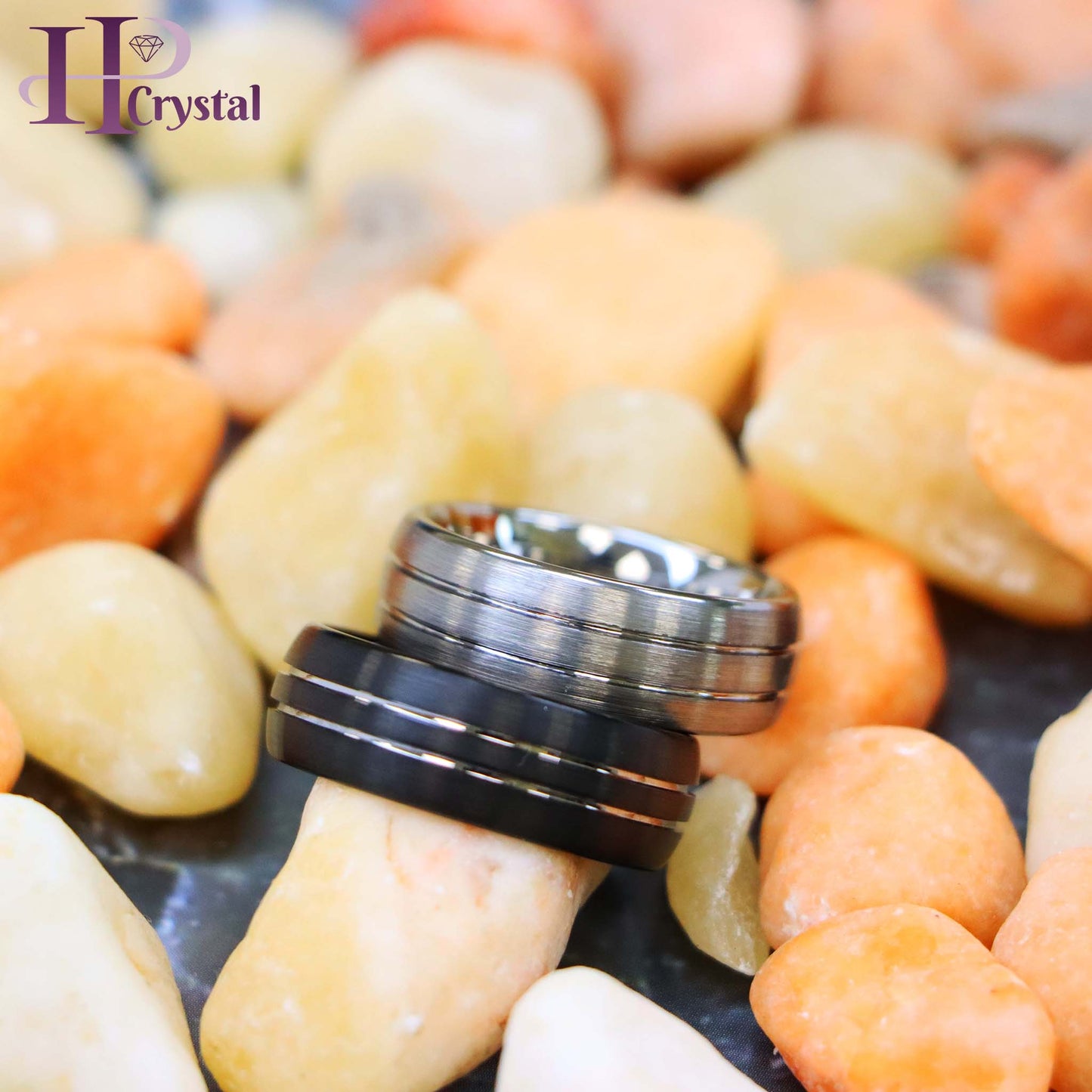 Domed Silver / Black IP Plated Double Striped Center Tungsten Ring