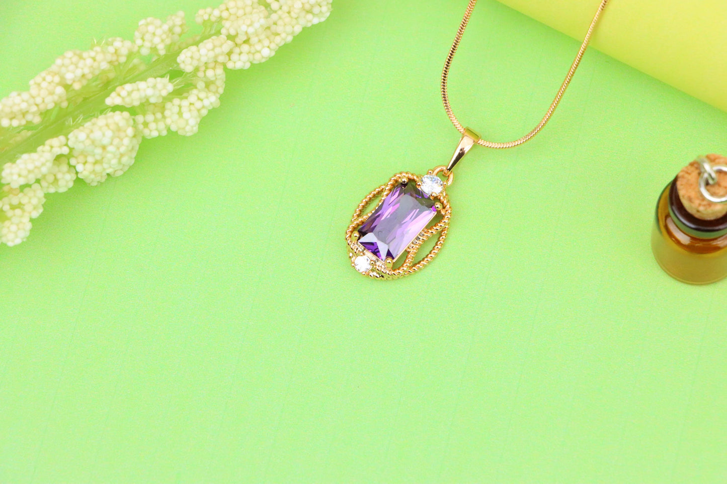 Purple Rectangle Pendant with Gold Plated Frame and Crystal Accents, XPPT1683 (2164-3)