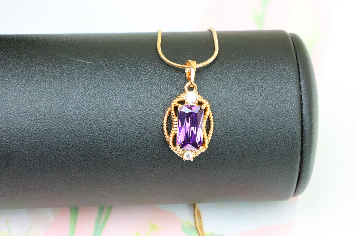 Purple Rectangle Pendant with Gold Plated Frame and Crystal Accents, XPPT1683 (2164-3)