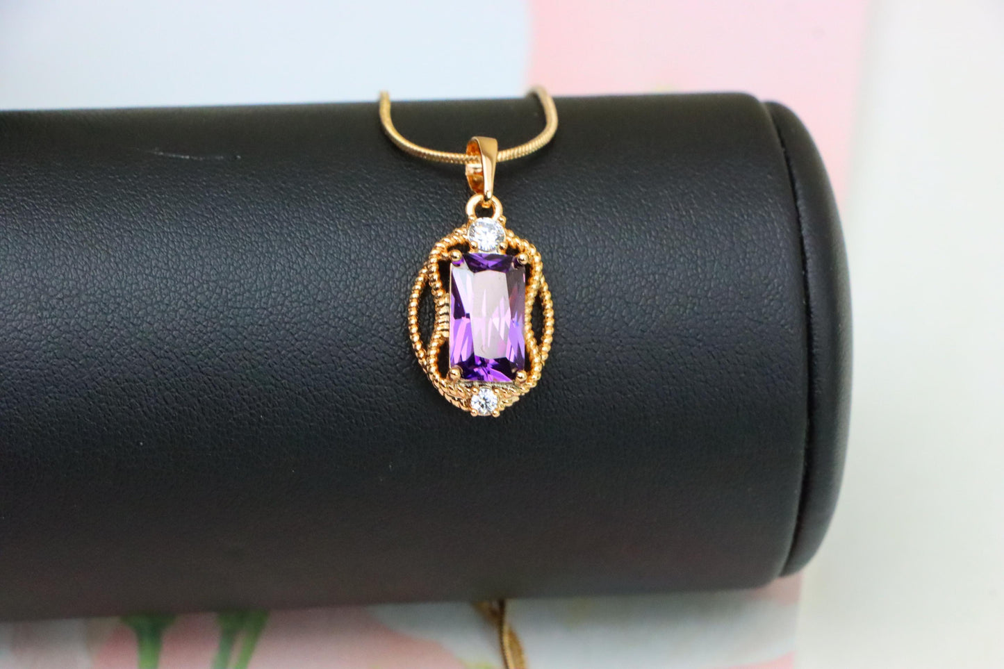 Purple Rectangle Pendant with Gold Plated Frame and Crystal Accents, XPPT1683 (2164-3)