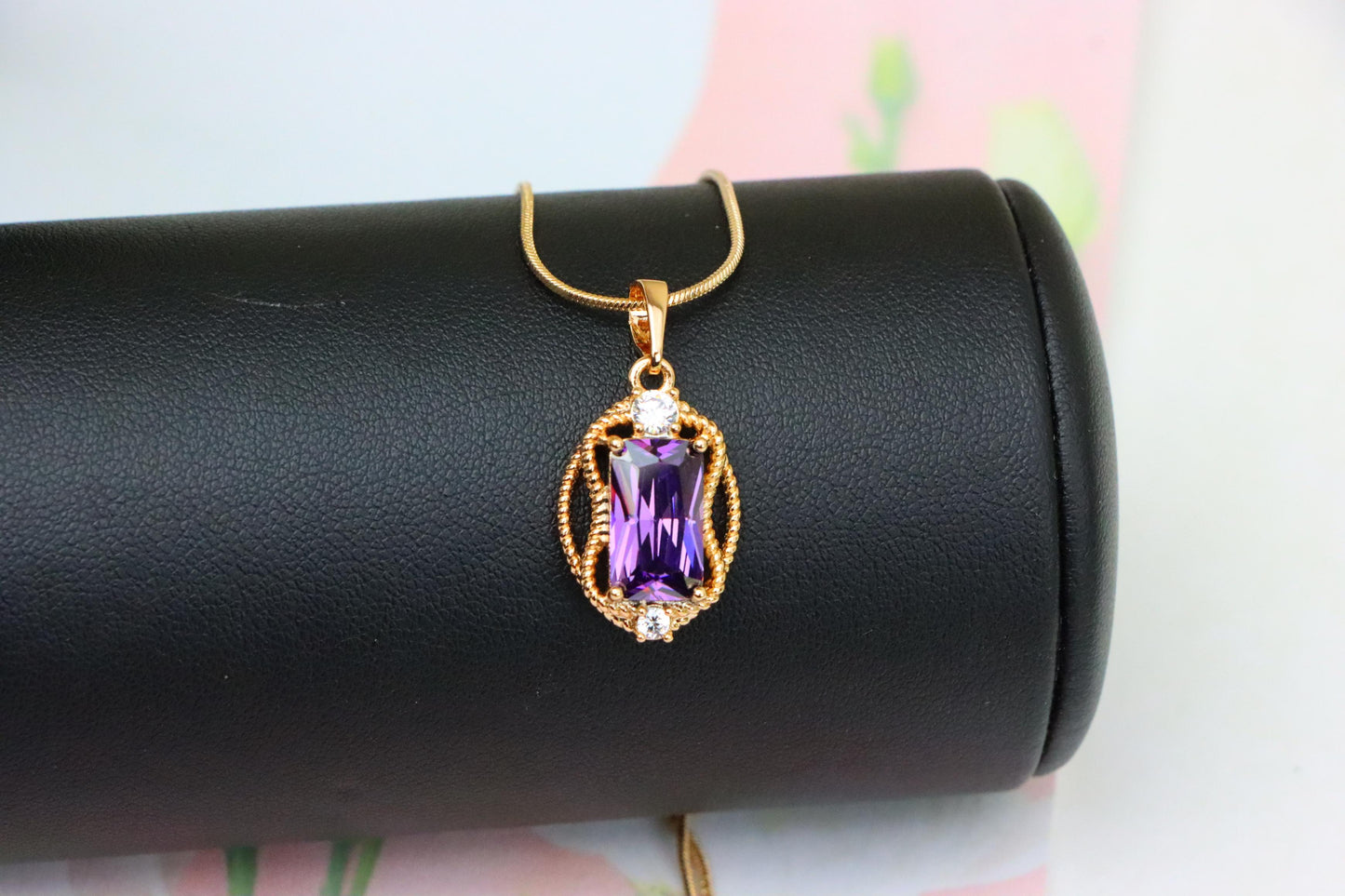 Purple Rectangle Pendant with Gold Plated Frame and Crystal Accents, XPPT1683 (2164-3)
