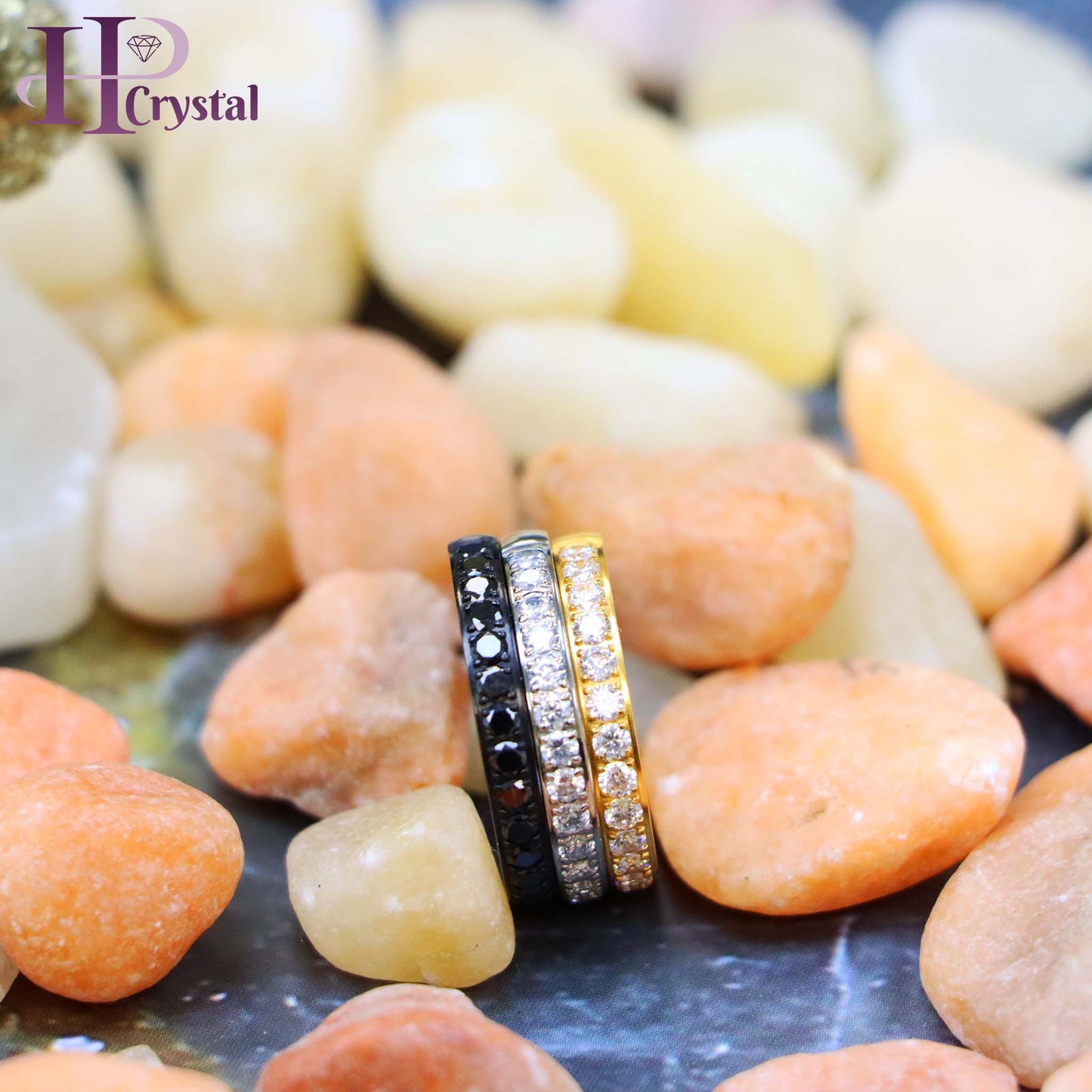 Titanium Half Eternity Ring with White & Black CZ Stones - Yellow & Black IP Plated, Stylish & Durable Wedding Band