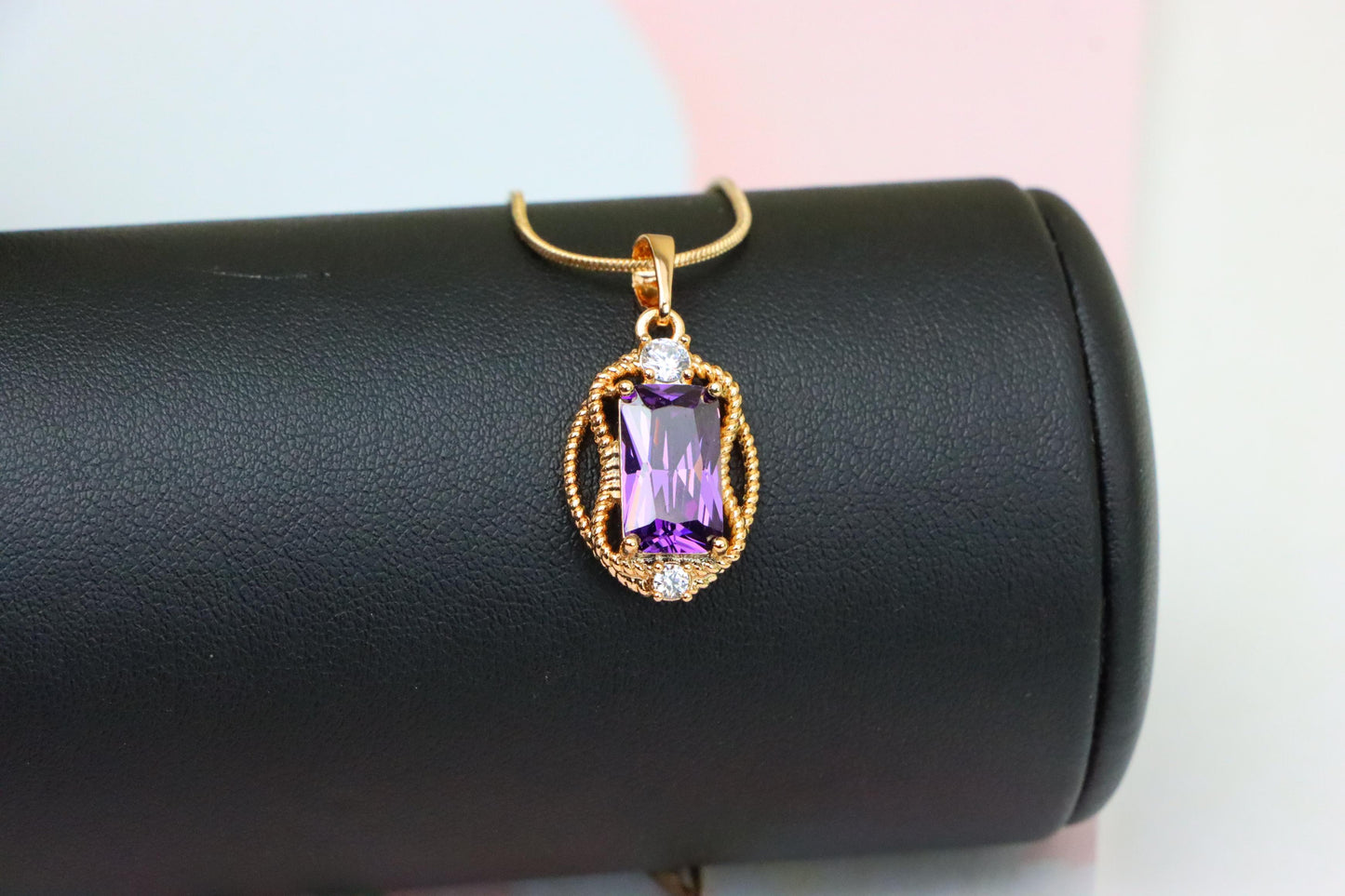 Purple Rectangle Pendant with Gold Plated Frame and Crystal Accents, XPPT1683 (2164-3)