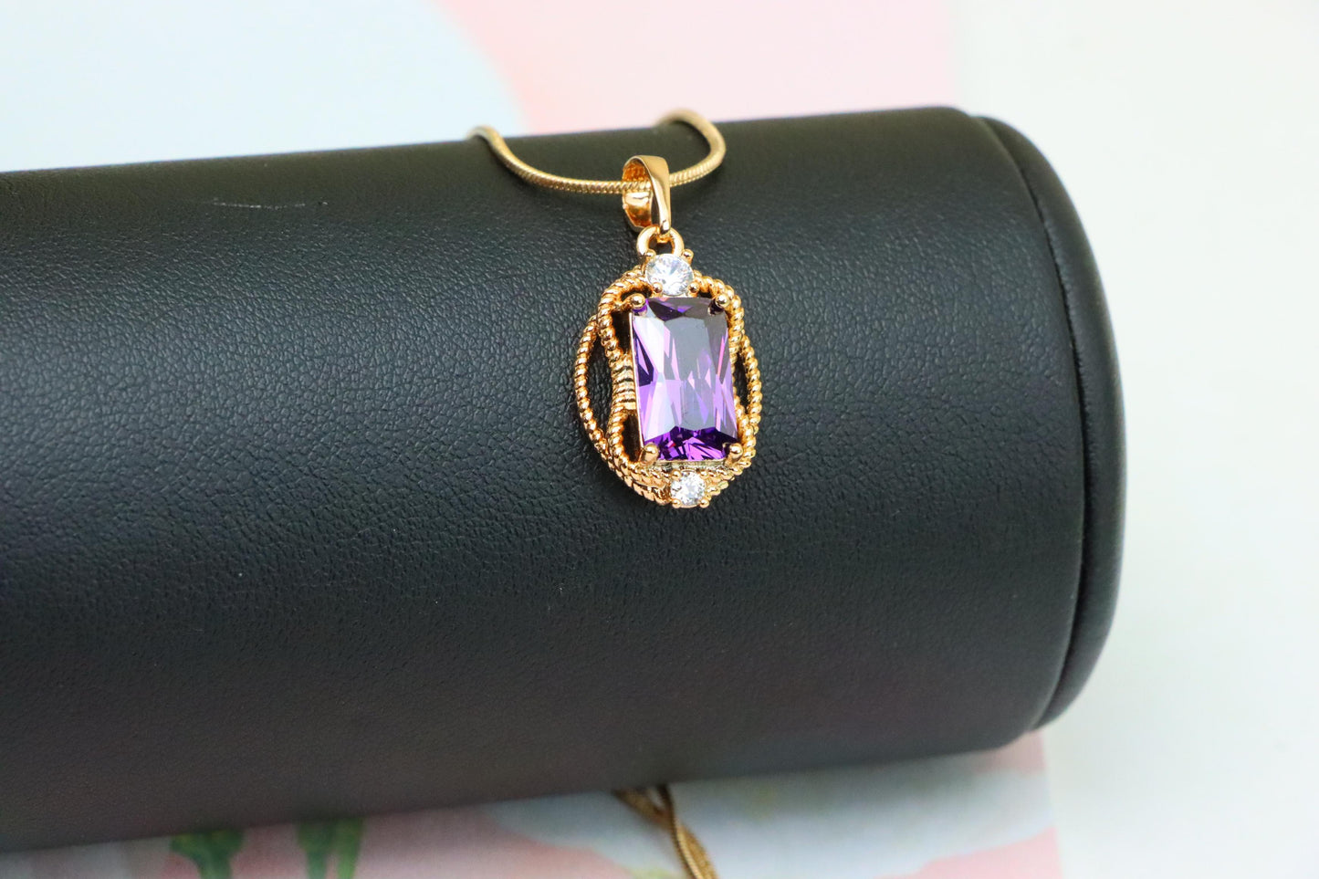 Purple Rectangle Pendant with Gold Plated Frame and Crystal Accents, XPPT1683 (2164-3)