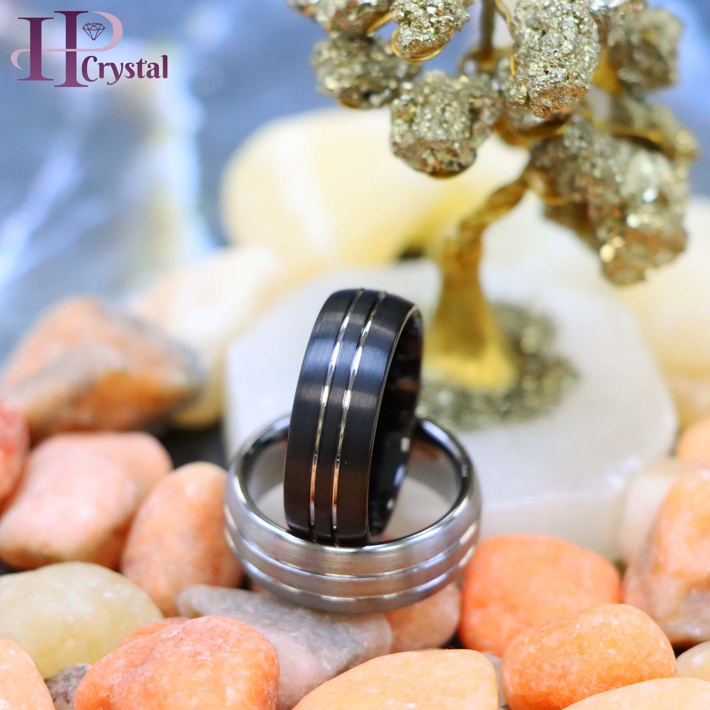 Domed Silver / Black IP Plated Double Striped Center Tungsten Ring
